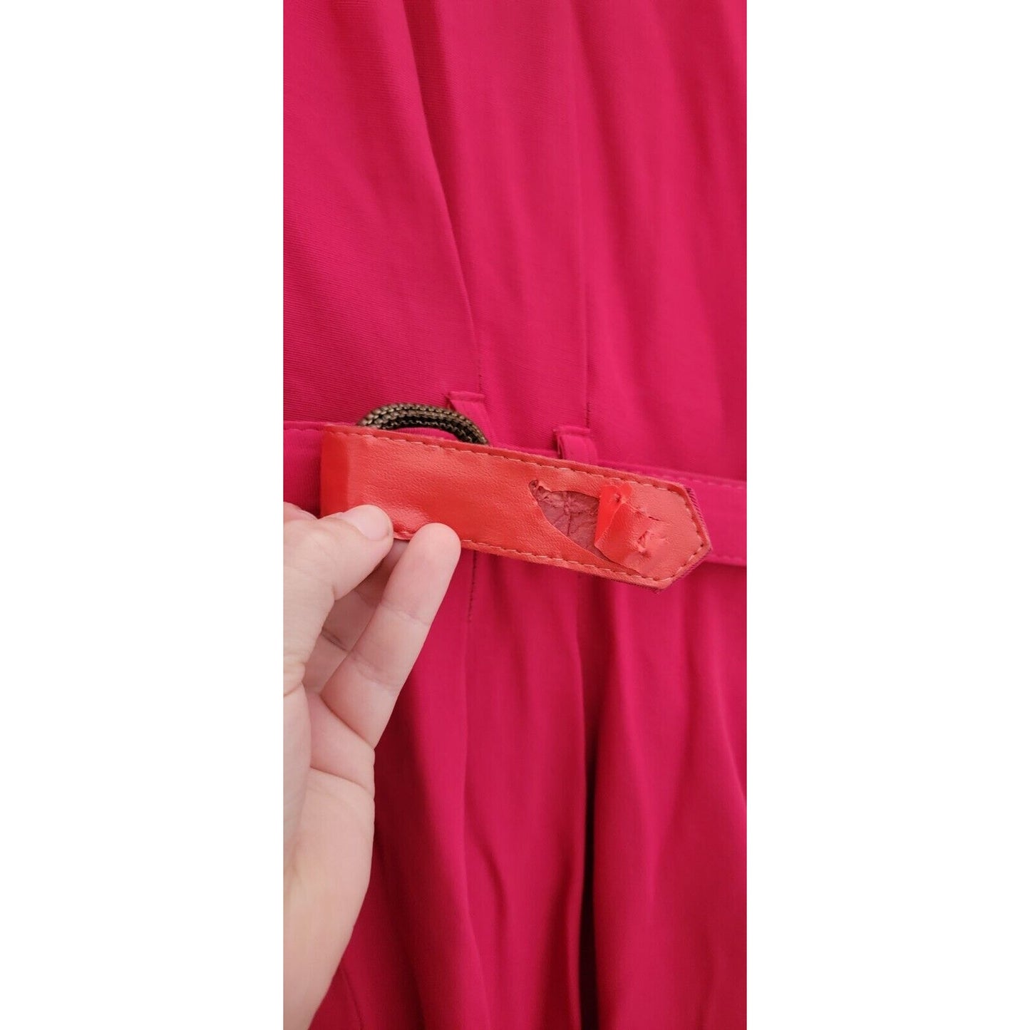 1980s David Benjamin Shin Length Pinky Red Belted Dress With Brooch Size 16