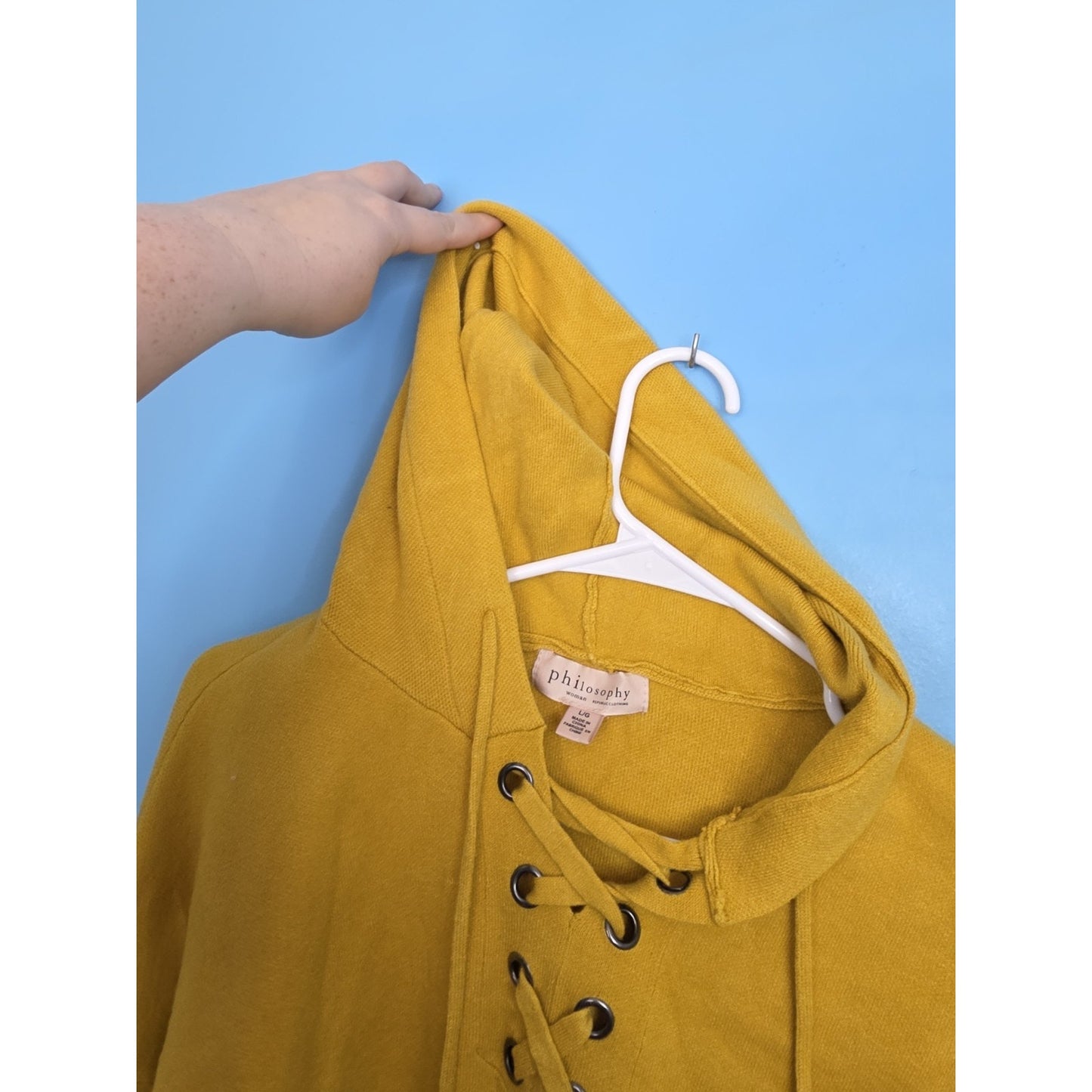 Philosophy Womens Hooded Pullover Sweater Size Lg. Lace Up Yellow Viscose Blend