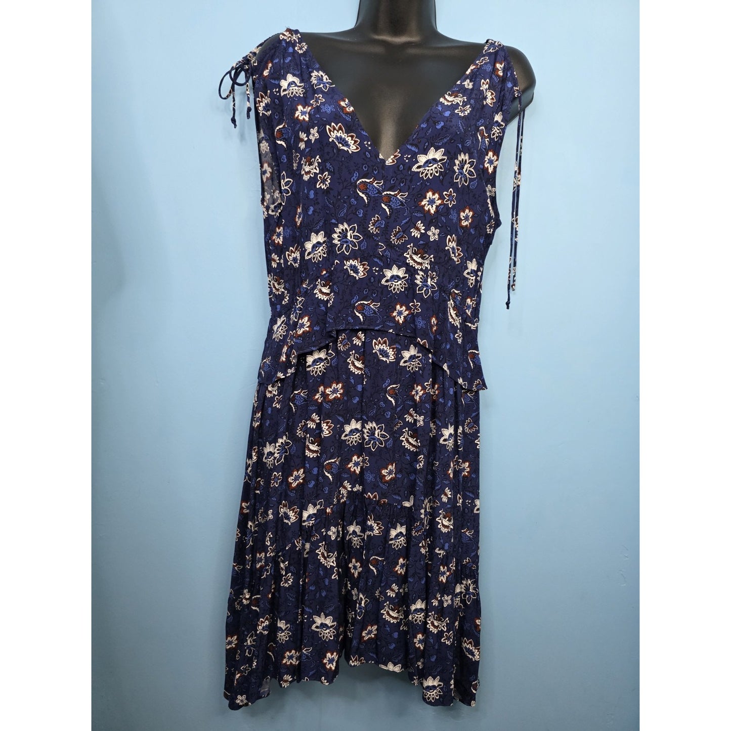 Thakoon Collective Navy Lotus Printed Dress Size 0 V-Neck Ruffled High-Low Hem