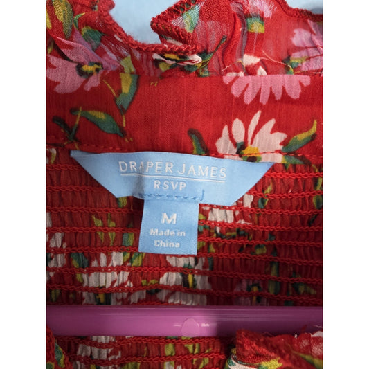Medium Draper James RSVP Womens Shirt Long Sleeve Smocked Neck Top Red Floral