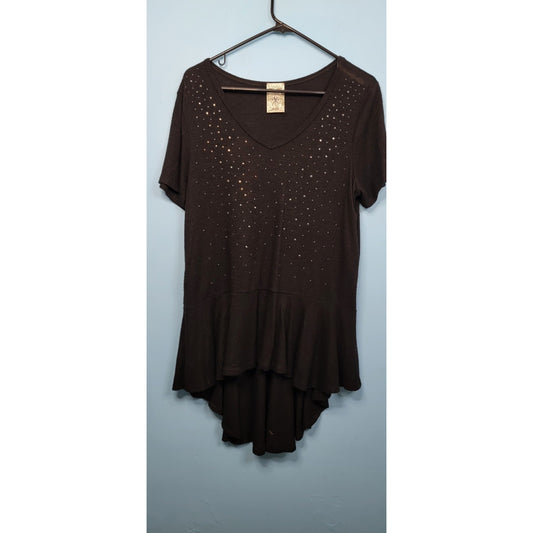 Vocal Blouse Women Large Black Short Sleeve V Neck Rhinestone Pullover Biker