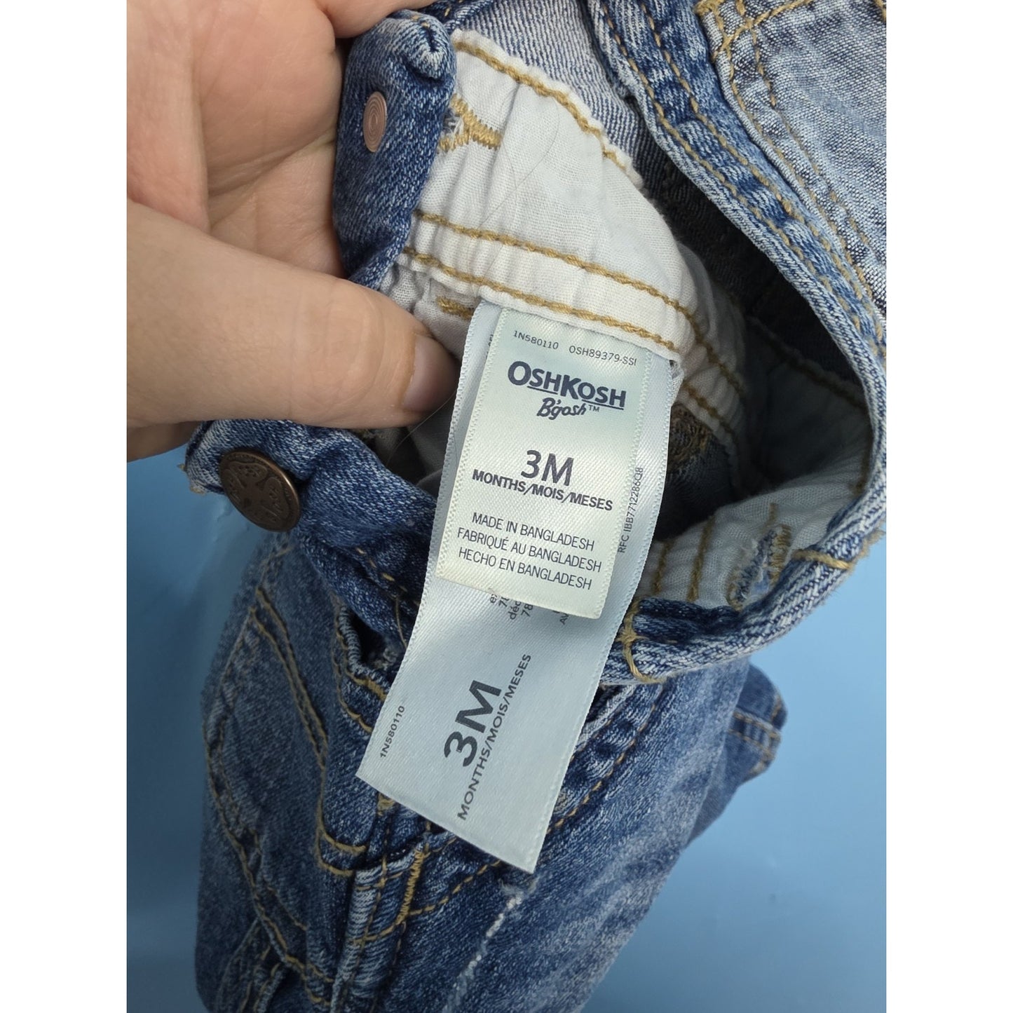 Oshkosh B’gosh baby 3m distressed denim overalls with light blue pocket vestbak