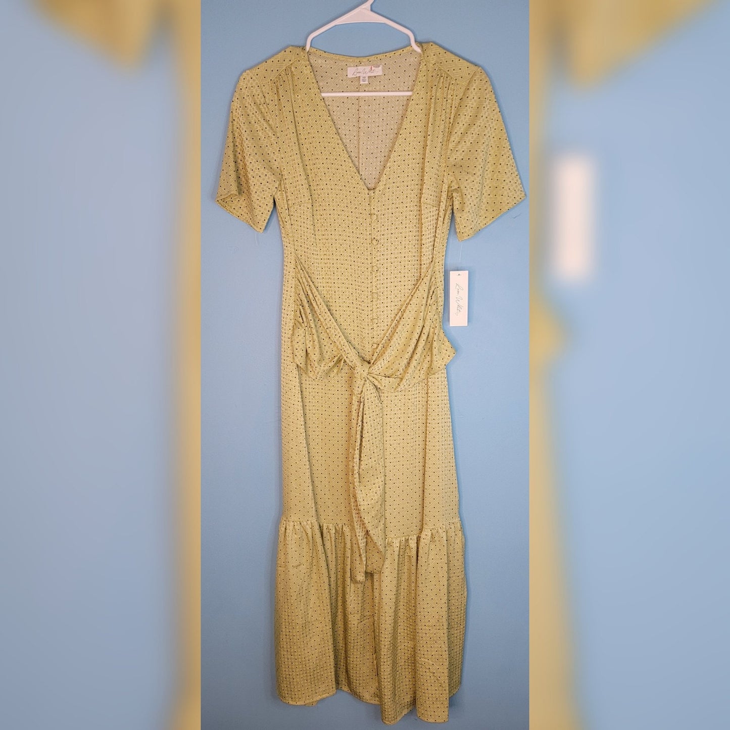 Love, Whit Citron Dot Midi Maxi Dress Womens Sz XS Tie Waist Green Whitney Port
