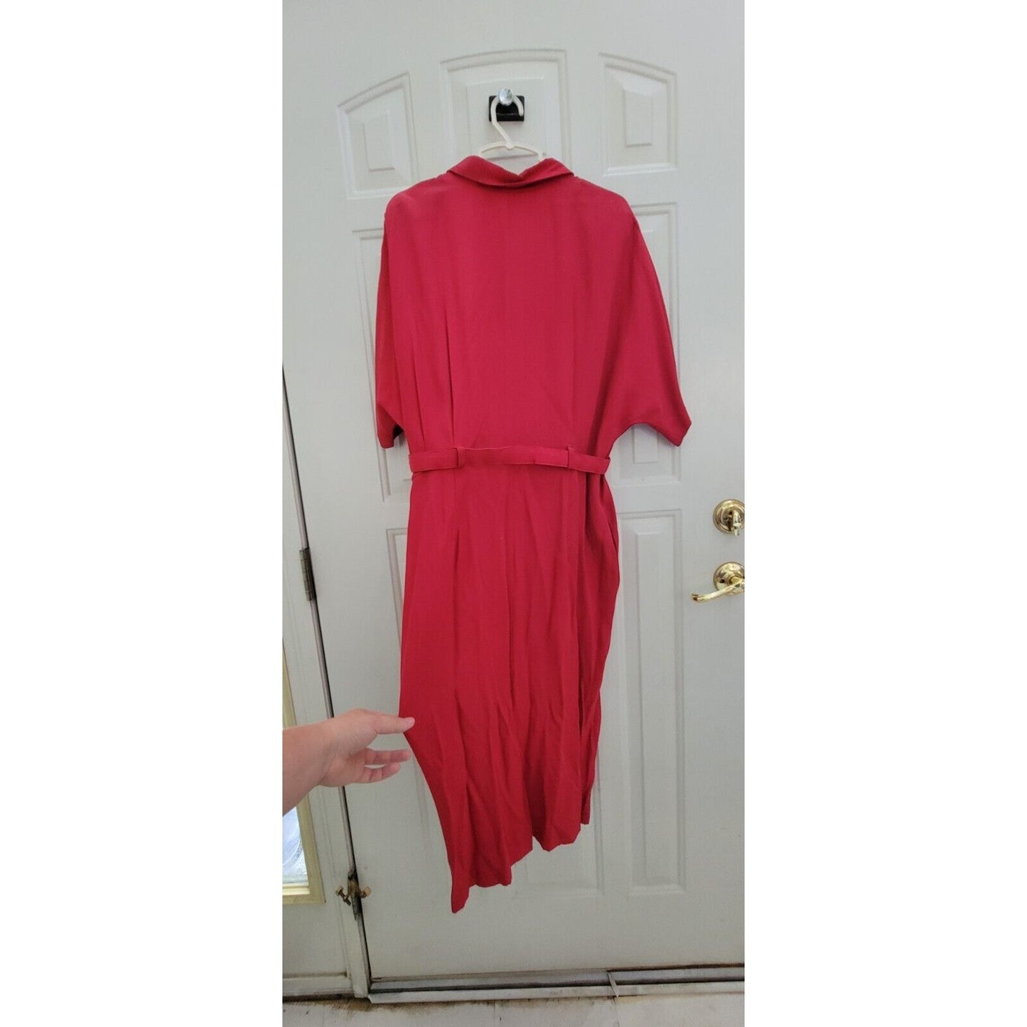 1980s David Benjamin Shin Length Pinky Red Belted Dress With Brooch Size 16