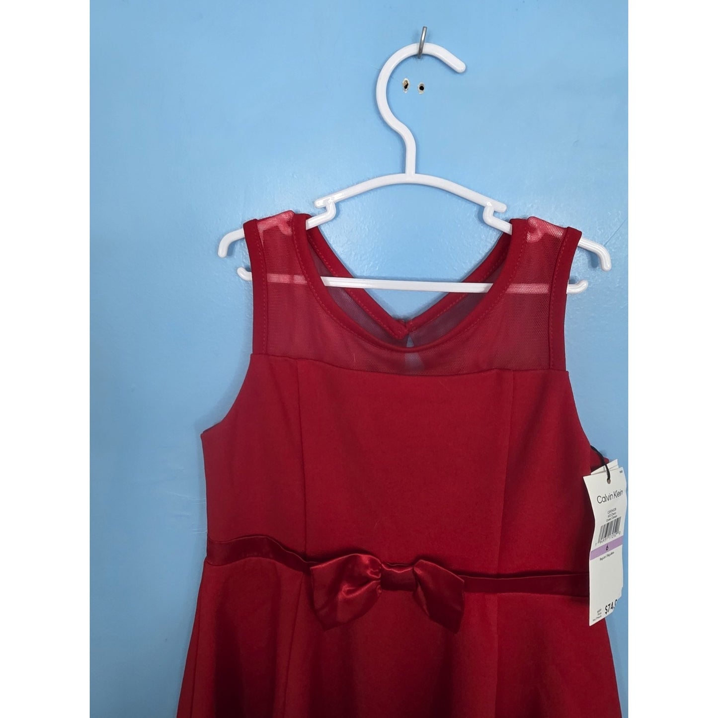 Calvin Klein Illusion Size 6 Mesh Bow Front Dress, Girls Red Sleeveless MSRP $74