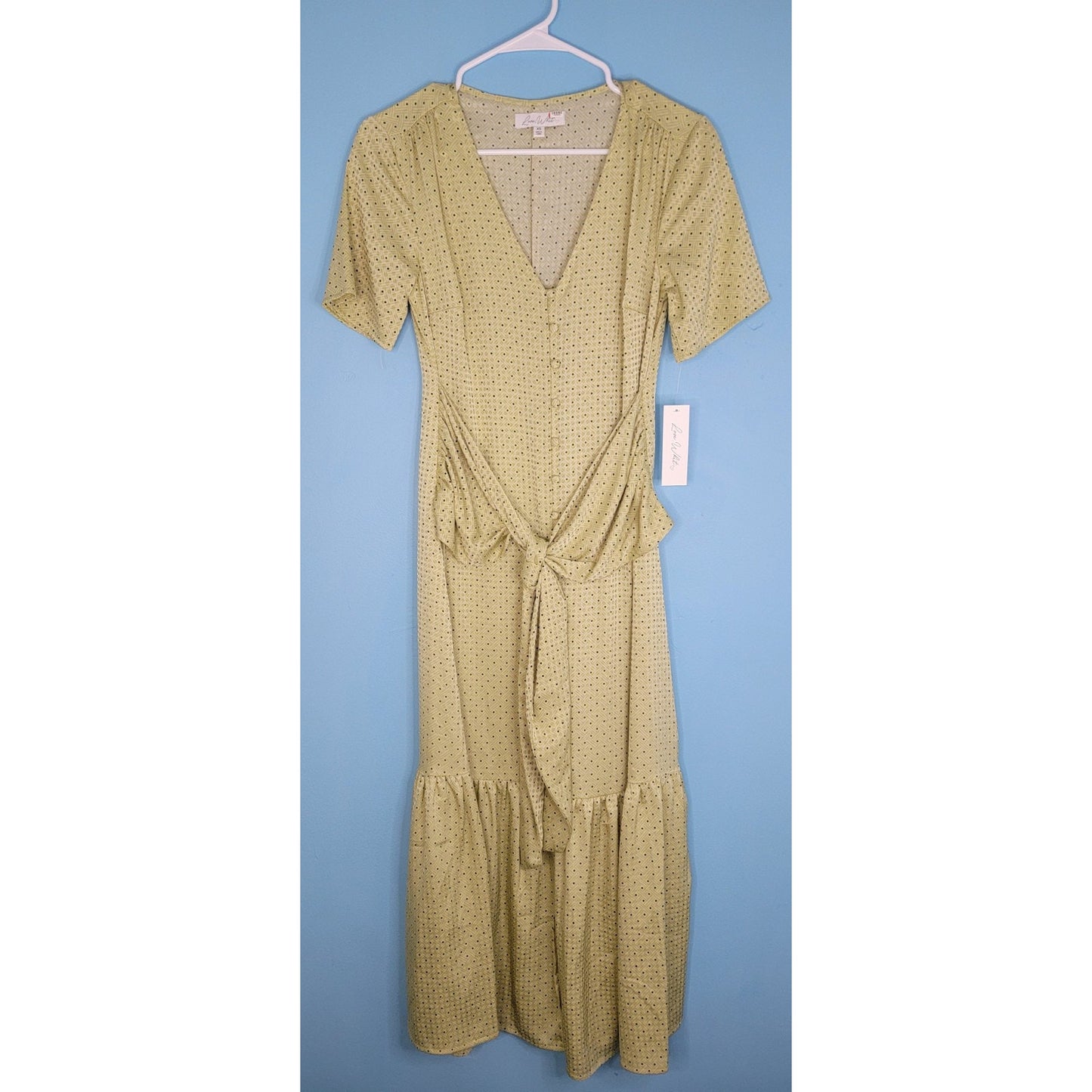 Love, Whit Citron Dot Midi Maxi Dress Womens Sz XS Tie Waist Green Whitney Port