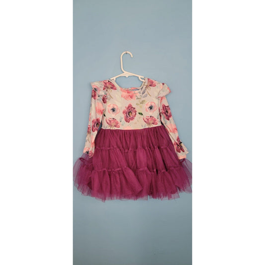 Girls Blue Floral Long Sleeve Layered Purple Tulle Dress Size Small (2T/3T)
