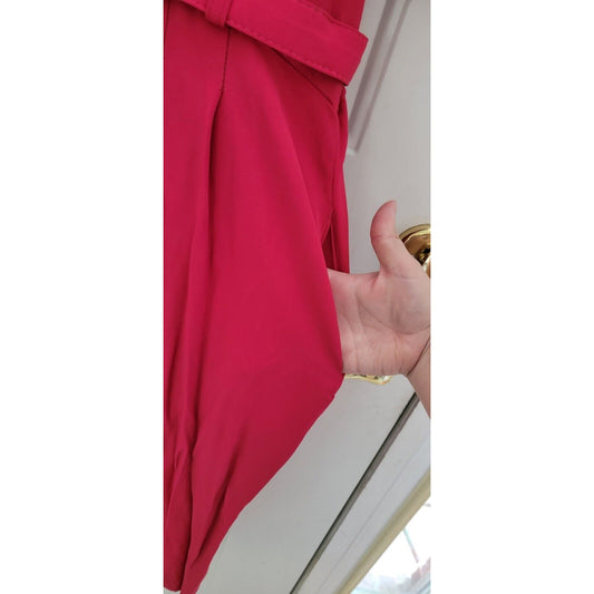 1980s David Benjamin Shin Length Pinky Red Belted Dress With Brooch Size 16