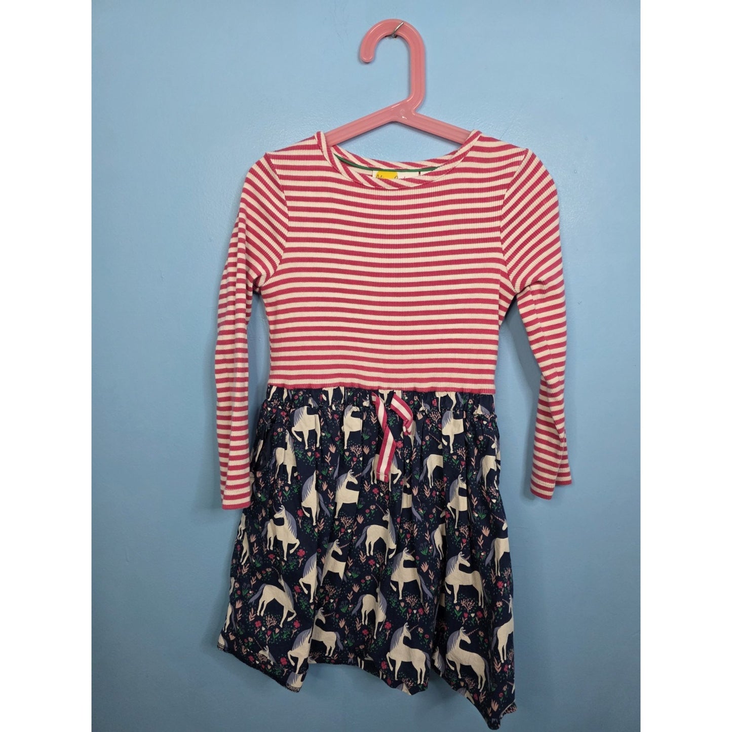 Mini Boden Pink Striped Top Floral Unicorn Skirt Dress Long Sleeve Girls SZ 6/7