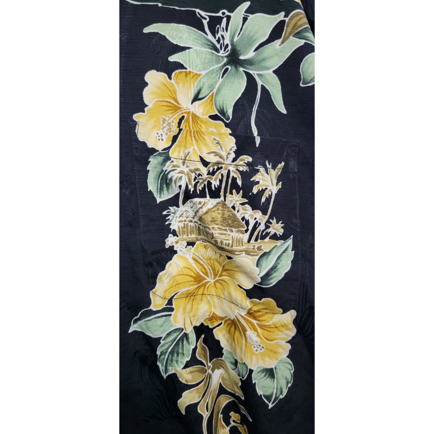 TOMMY BAHAMA 100% SILK BLACK YELLOW TROPICAL FLOWER SHORT SLEEVE SHIRT - XL