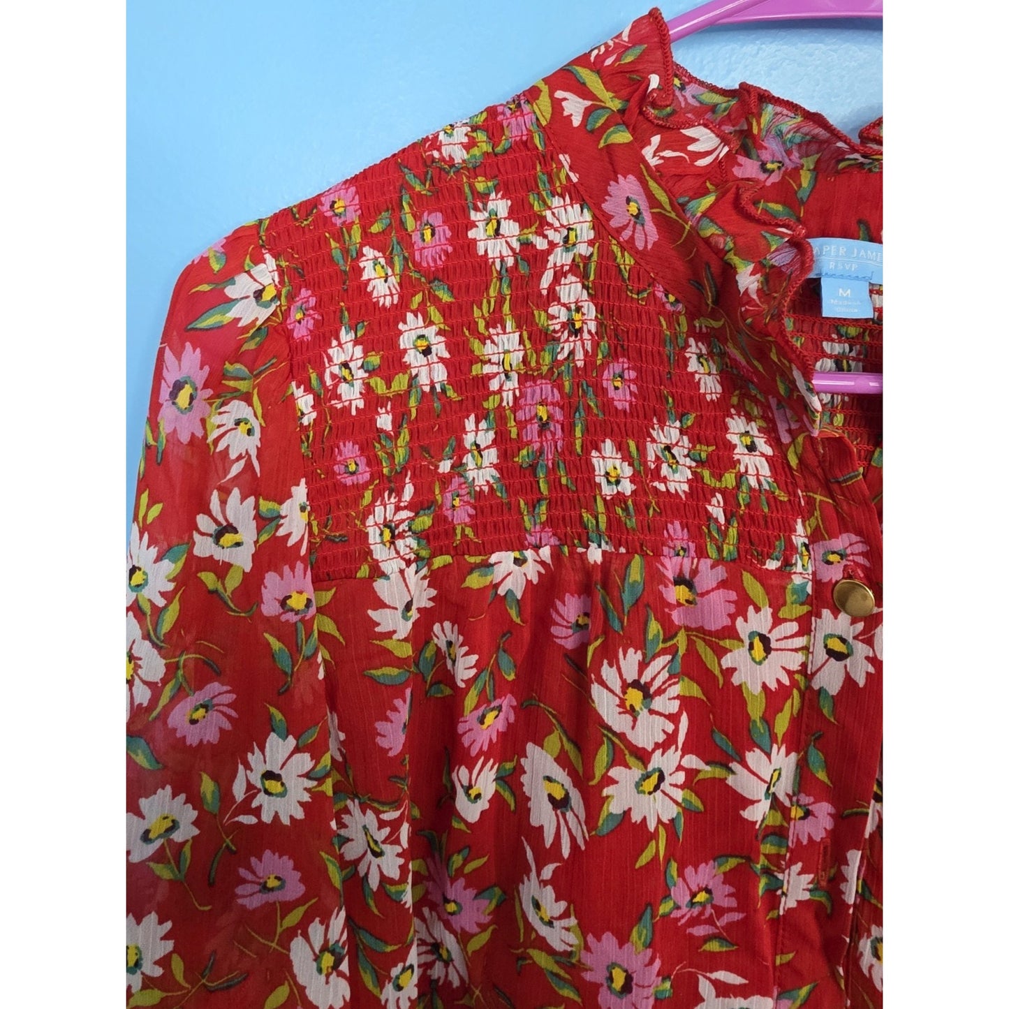 Medium Draper James RSVP Womens Shirt Long Sleeve Smocked Neck Top Red Floral