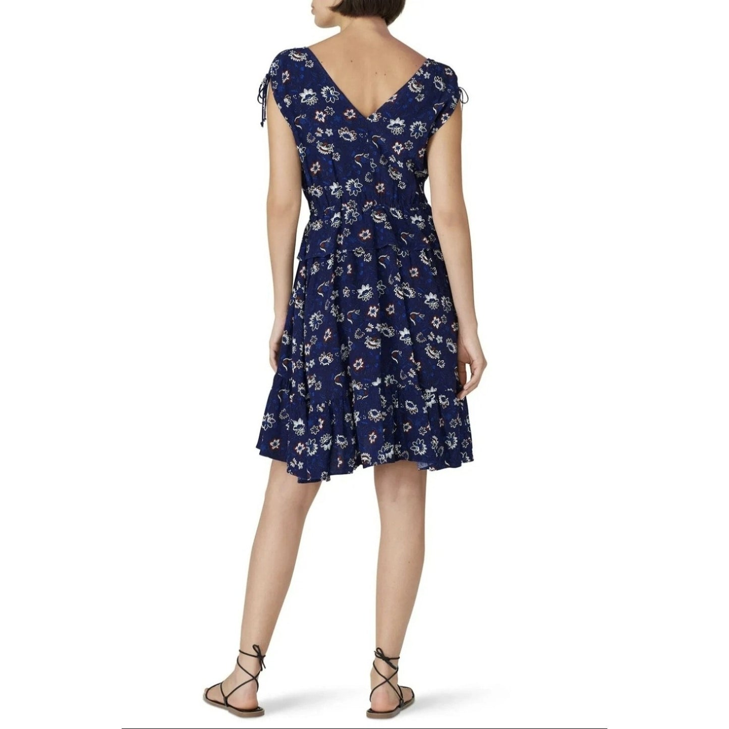 Thakoon Collective Navy Lotus Printed Dress Size 0 V-Neck Ruffled High-Low Hem