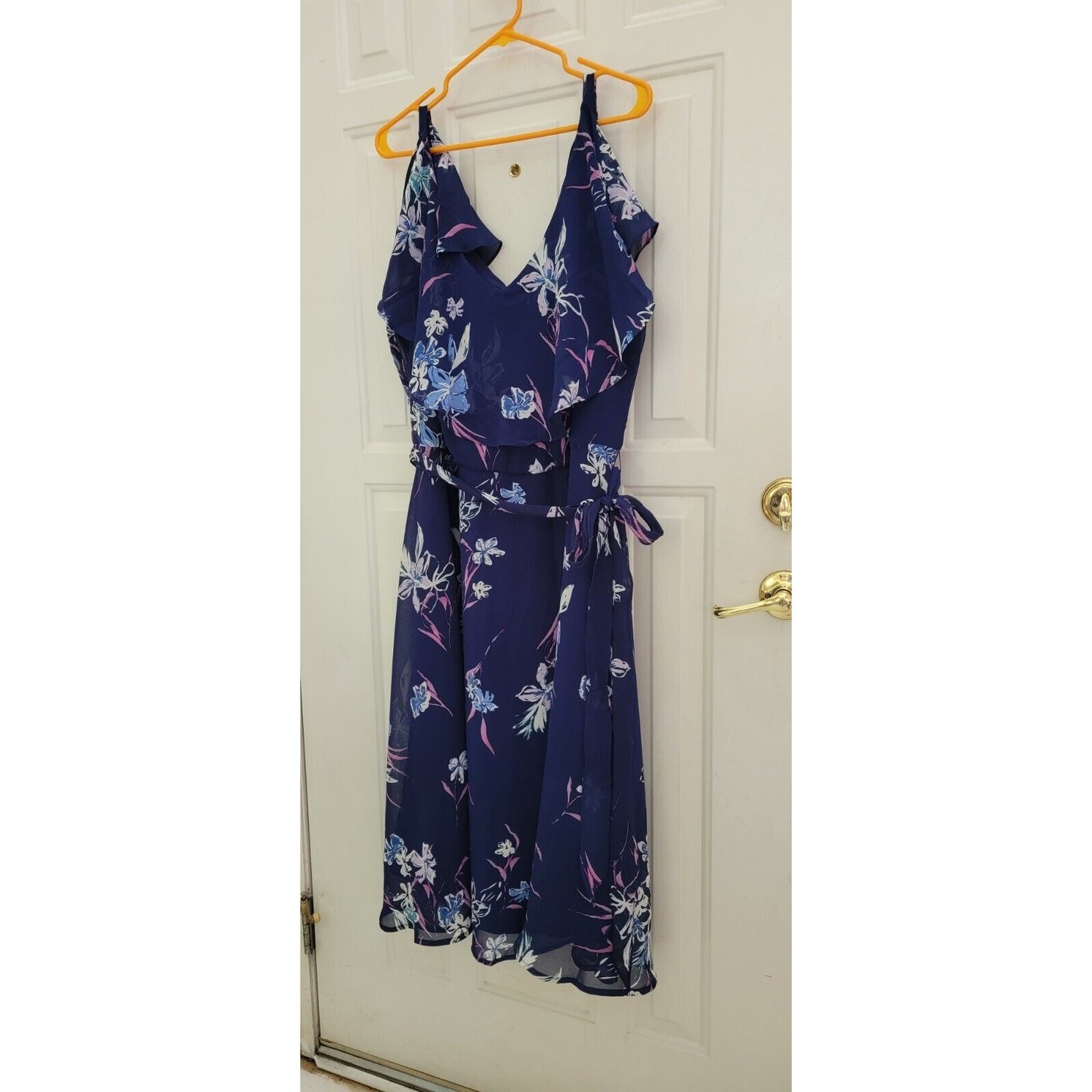 LANE BRYANT Floral Flutter Midi Dress Size 22 Chiffon Navy Blue Cocktail Wedding