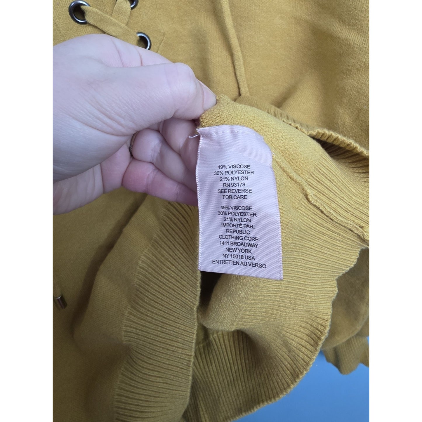 Philosophy Womens Hooded Pullover Sweater Size Lg. Lace Up Yellow Viscose Blend