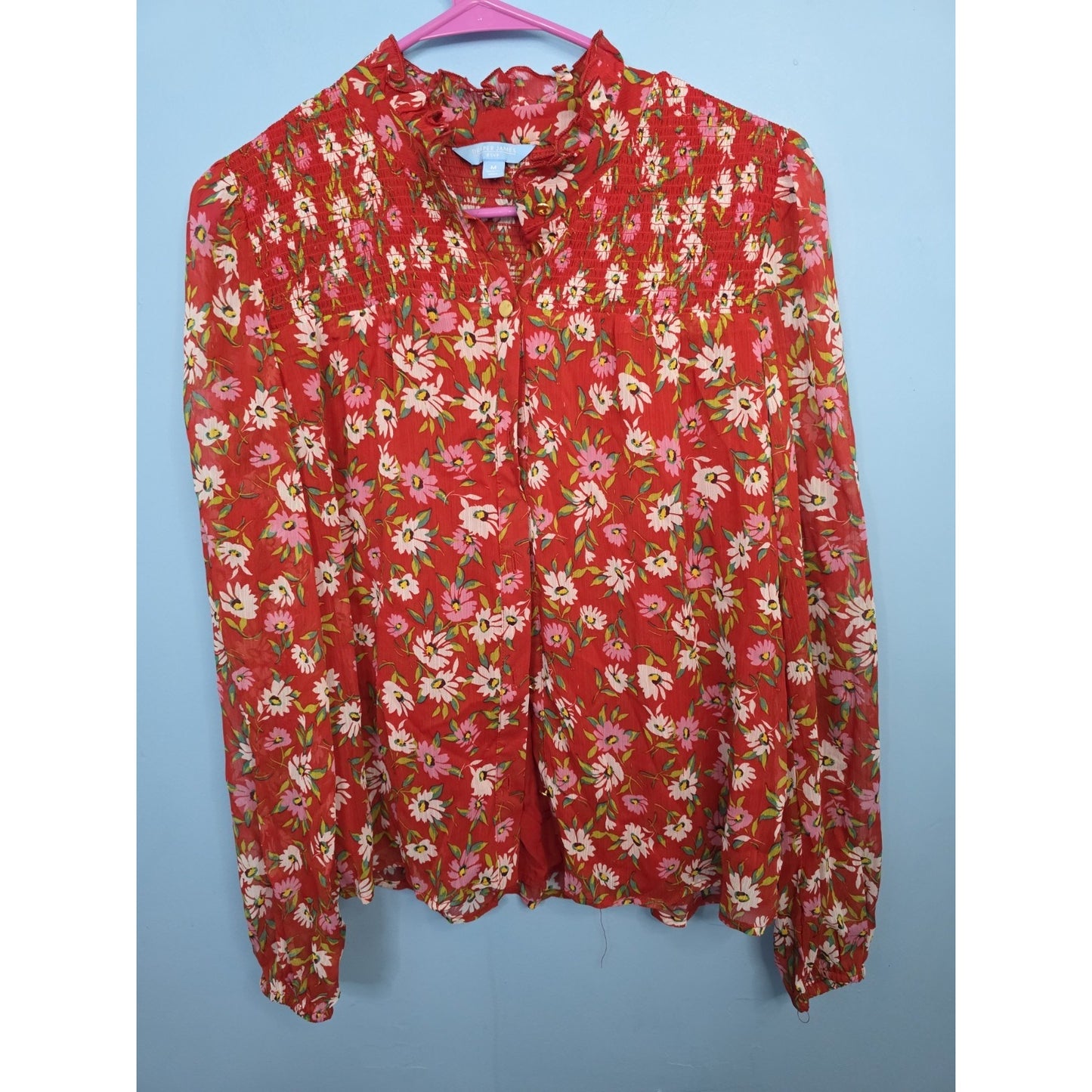 Medium Draper James RSVP Womens Shirt Long Sleeve Smocked Neck Top Red Floral