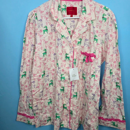 Victoria’s Secret Pajama Top Women’s L Festive Reindeer Holiday Print Button Up