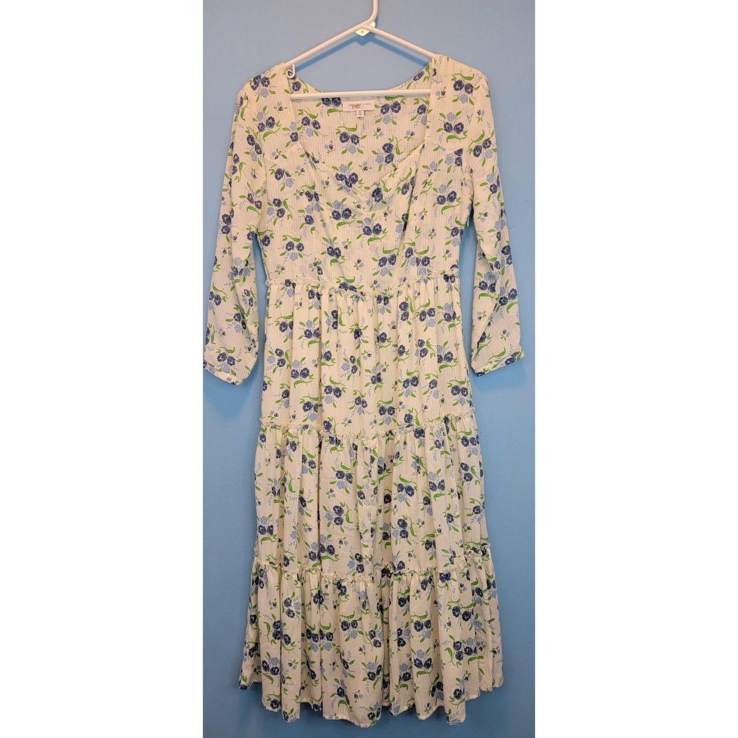 Sweet Baby Jamie Ivory Floral Print Tiered 3/4 Sleeve Midi Dress Size Medium